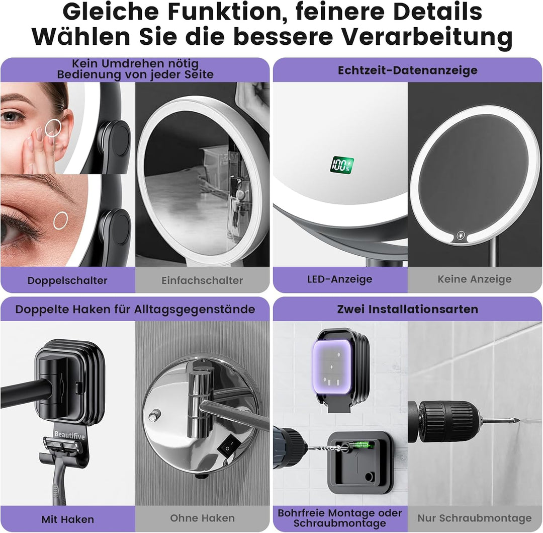 7” Wiederaufladbar Kosmetikspiegel Wandmontage, 1X/10X Schminkspiegel Silber, Silber