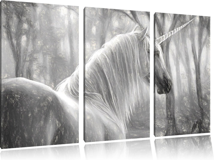 Pixxprint Einsames Einhorn im Wald Kunst Kohle Effekt 3-Teiler Leinwandbild 120x80 Bild auf Leinwand