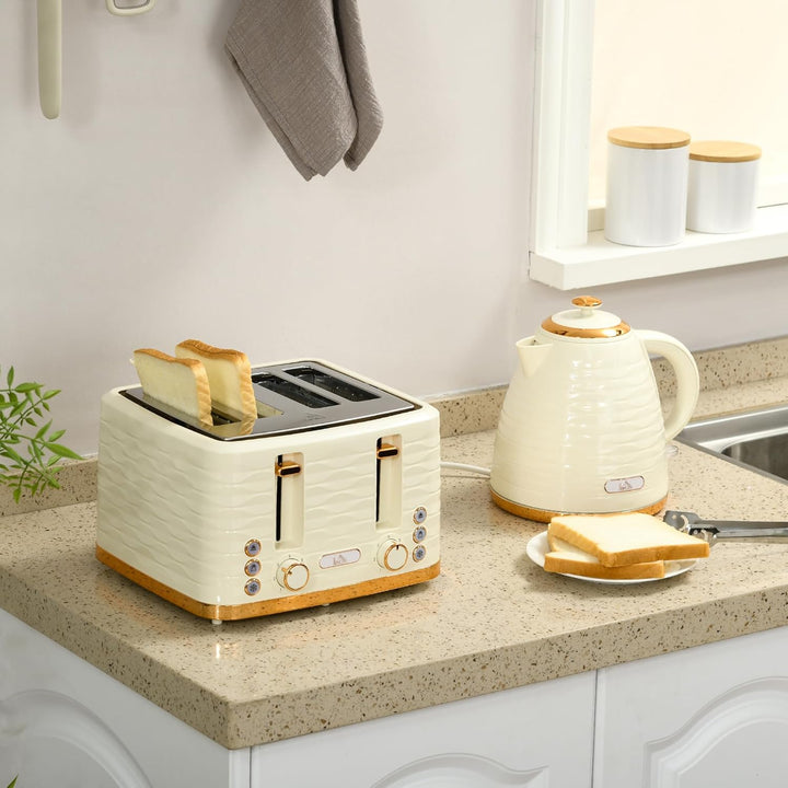 HOMCOM Wasserkocher Toaster Set Frühstück-Set mit 1,7L Wasserkocher, 4 Scheiben Toaster, 2200 W, 7 B