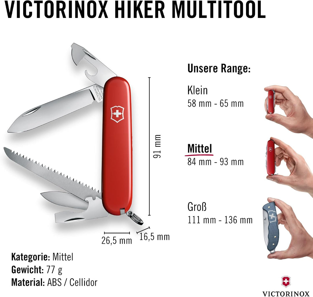 Victorinox Schweizer Taschenmesser Hiker, Swiss Army Knife, Multitool, 13 Funktionen, Klinge, Dosenö
