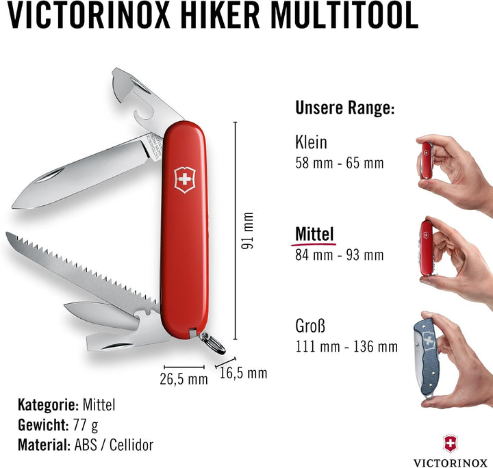 Victorinox Schweizer Taschenmesser Hiker, Swiss Army Knife, Multitool, 13 Funktionen, Klinge, Dosenö