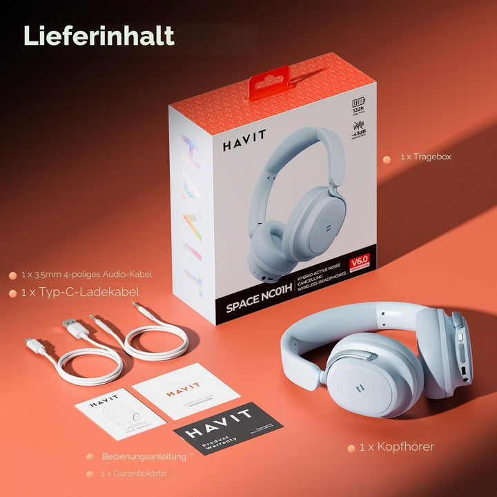 havit SPACE NC01H Hybrid Active Noise Cancelling Kopfhörer, Over Ear Bluetooth Kopfhörer mit 4 Mic E