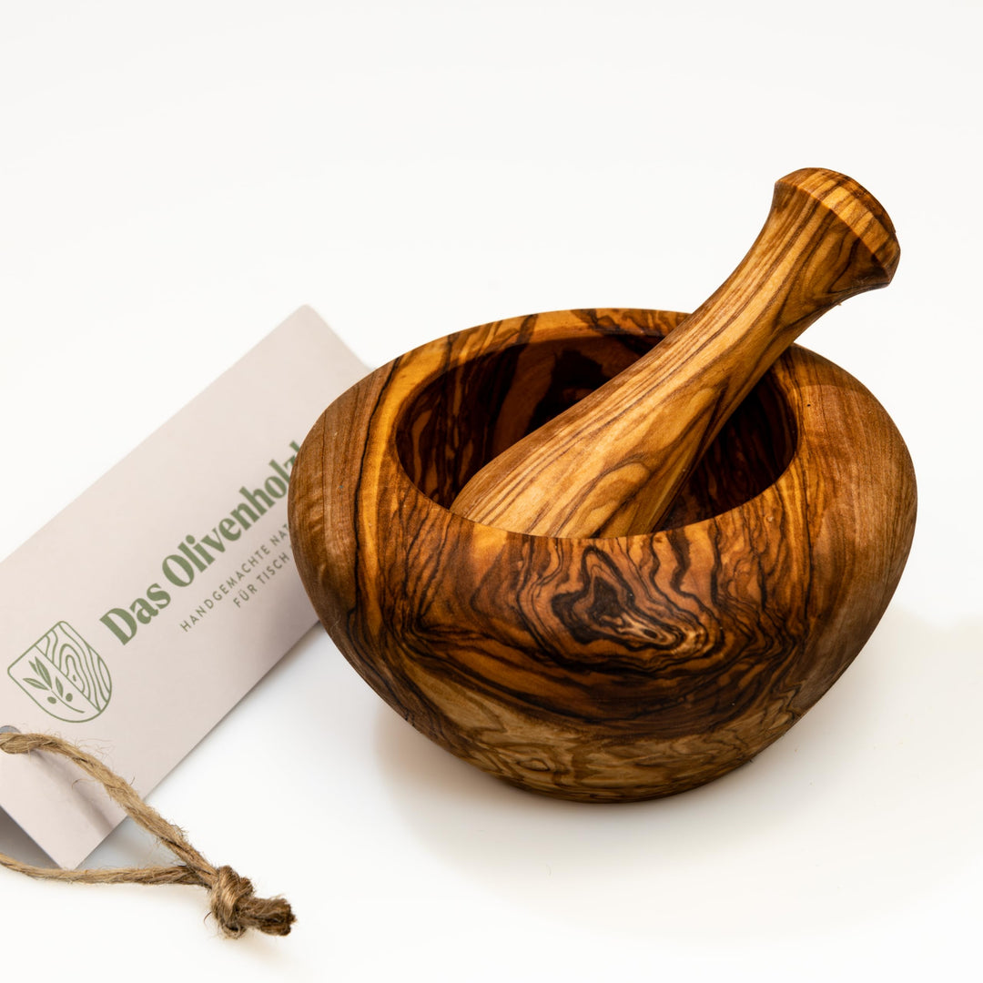 DAS OLIVENHOLZBRETT® Mörser und Stössel, Holzmörser Set mit Stoessel rund ca.14cm, 14cm
