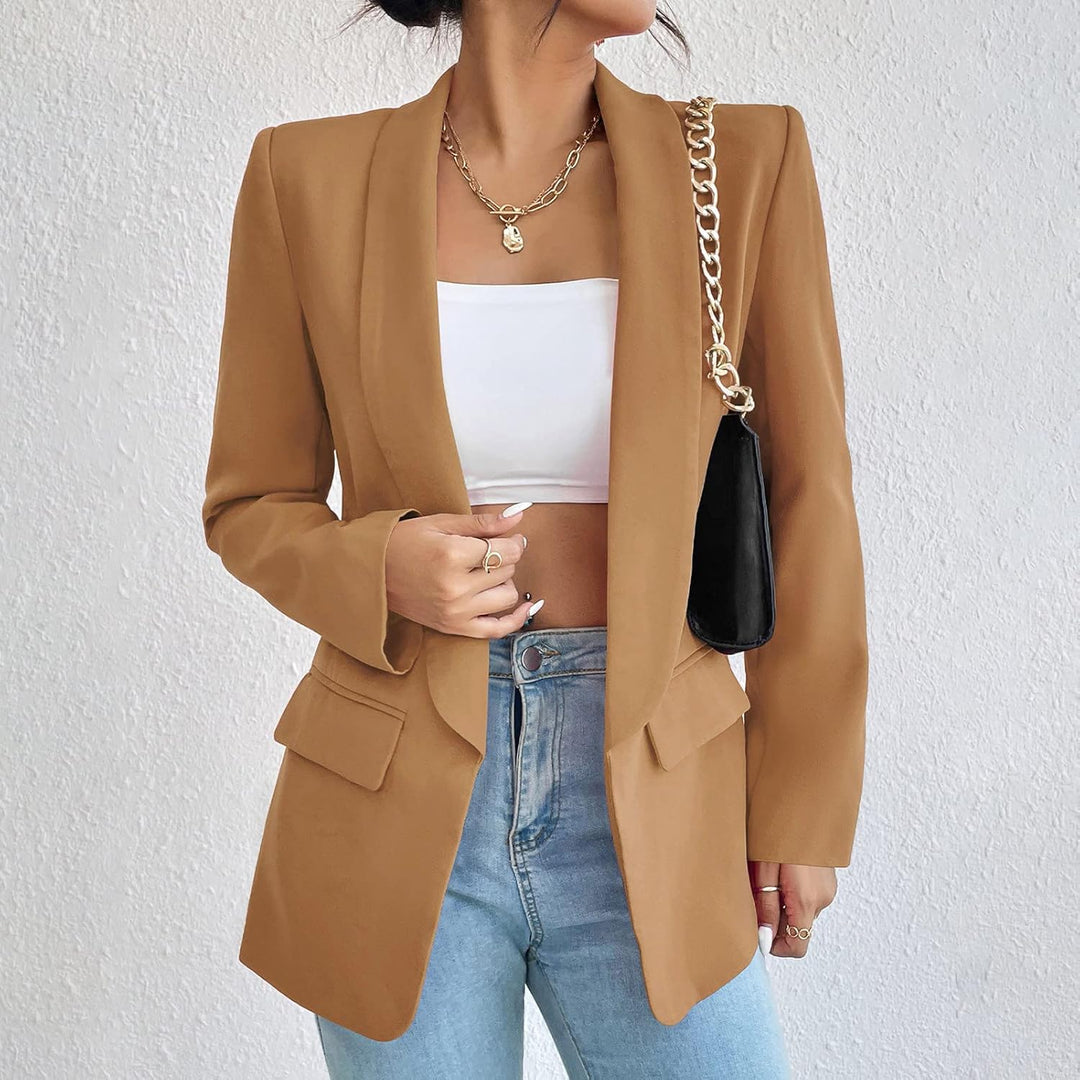 ALSOGO Damen Blazer Langer Casual Open Front Blazer Arbeit Büro Jacken mit Taschen Braun XS, Braun X