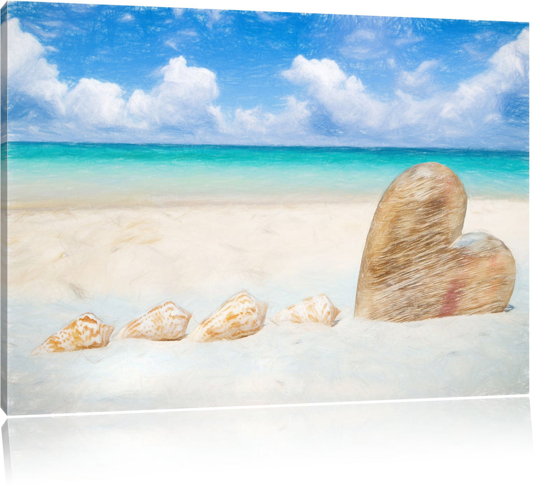 Pixxprint Weisser Sandstrand mit Muscheln Bunstift Effekt, Format: 100x70 auf Leinwand, XXL riesige