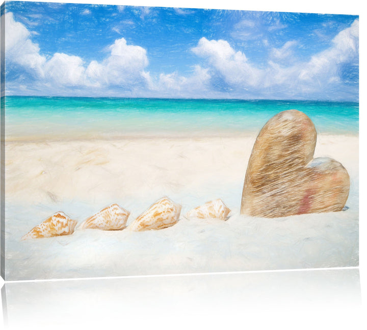 Pixxprint Weisser Sandstrand mit Muscheln Bunstift Effekt, Format: 100x70 auf Leinwand, XXL riesige