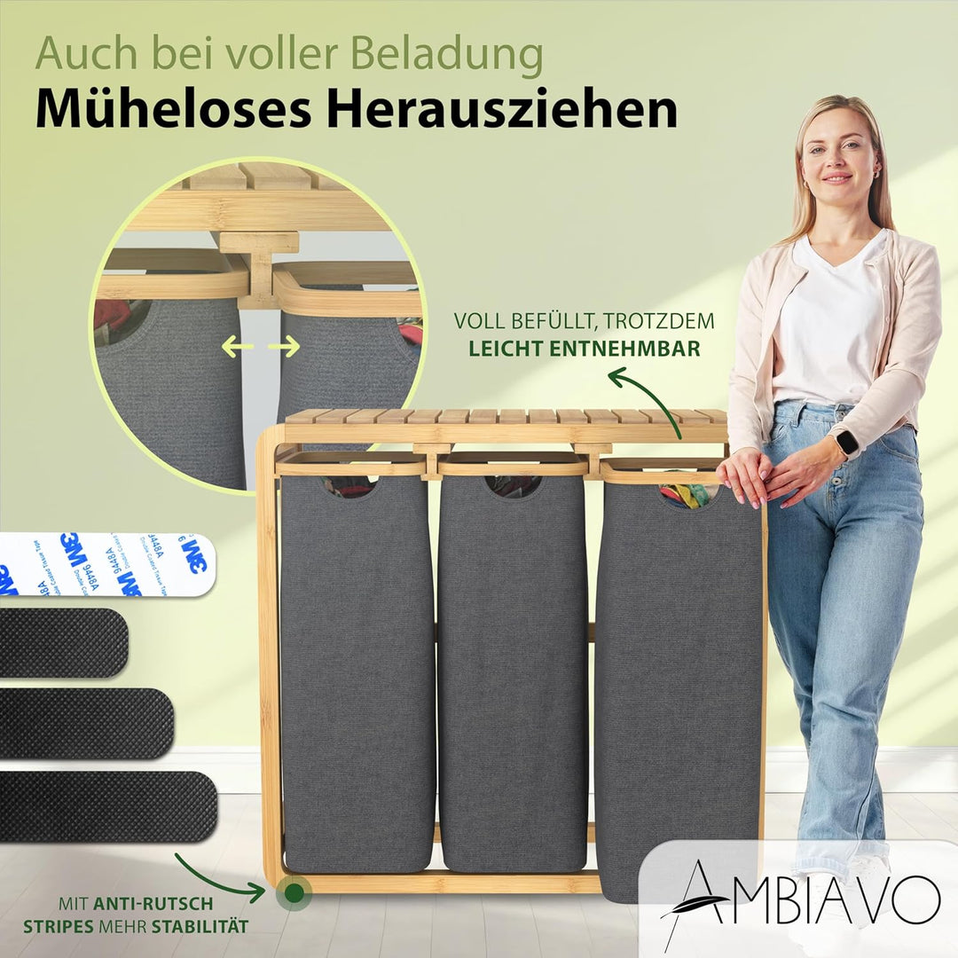 Wäschekorb 3 Fächer grau · Wäschesammler mit Ablage · Bambus | Warme Holz-Optik, schmal, riesiges Vo