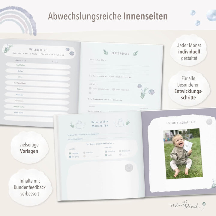 mintkind® Babyalbum "Mein erstes Lebensjahr" Wal + Sticker Set I Baby Fotoalbum zum Selbstgestalten