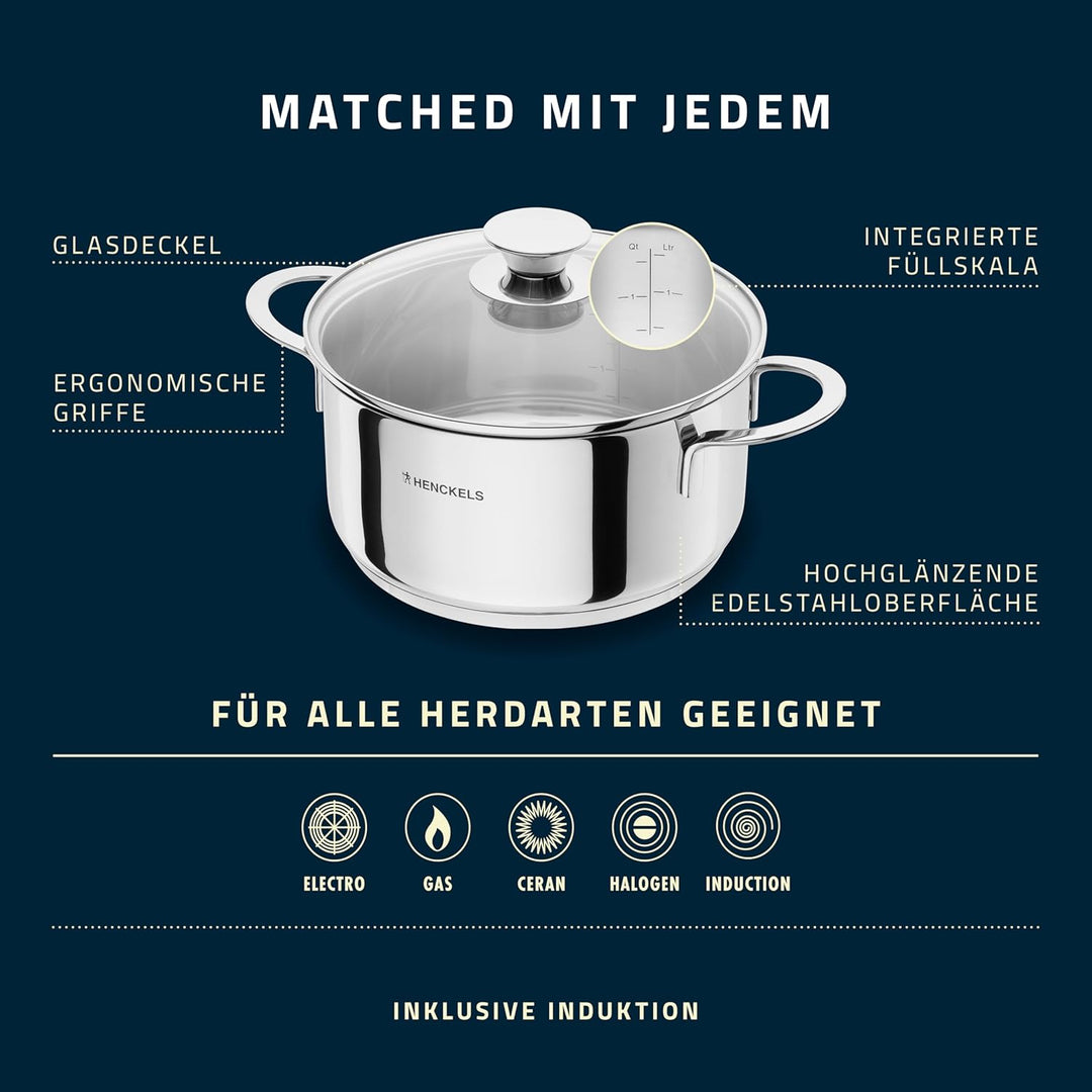 HENCKELS by ZWILLING Reflection Kochtopfset 5-teilig, Glasdeckel, Edelstahl, Alle Herdarten, Indukti