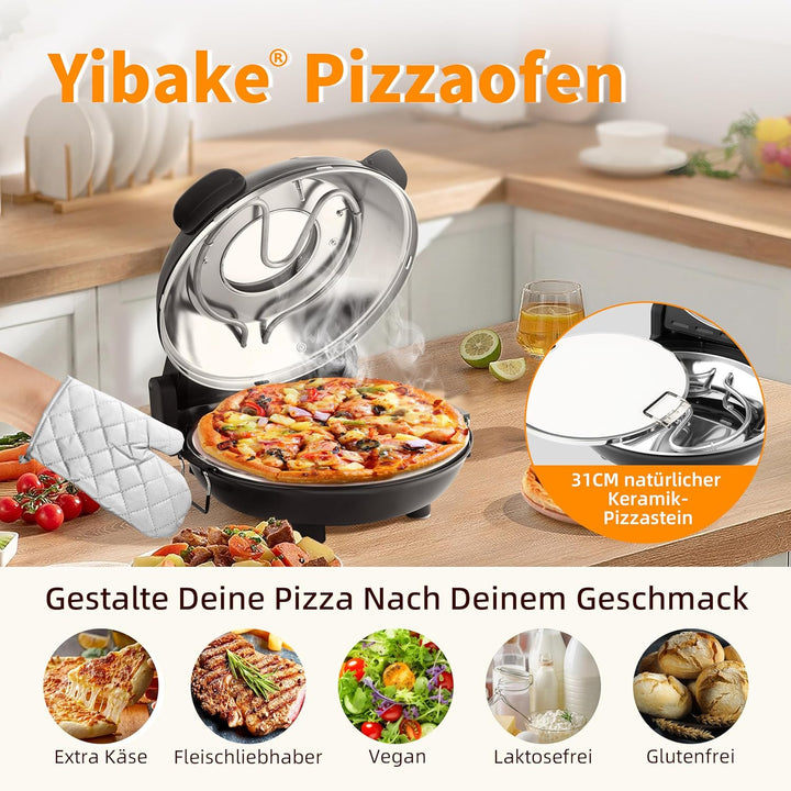 YIBAKE Pizzaofen elektrisch, 1200W Pizzabäcker in 4-Min-Pizza, 31cm Feuerfeste Pizzastein, Max 420℃