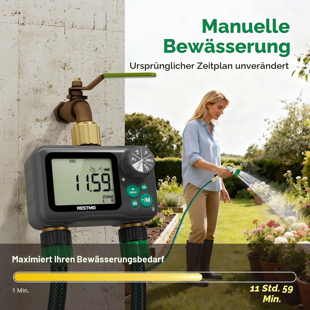 RESTMO 2-Zonen RF-Bewässerungscomputer, Bewässerungstimer mit Fernbedienung 2 Ausgänge, 2 Ausgänge