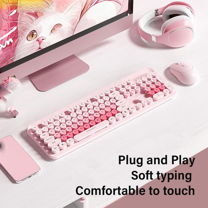 Kabellose Tastatur- und Maus-Kombination, 2,4 GHz Retro-Schreibmaschinenstil mit Runden Tastenkappen