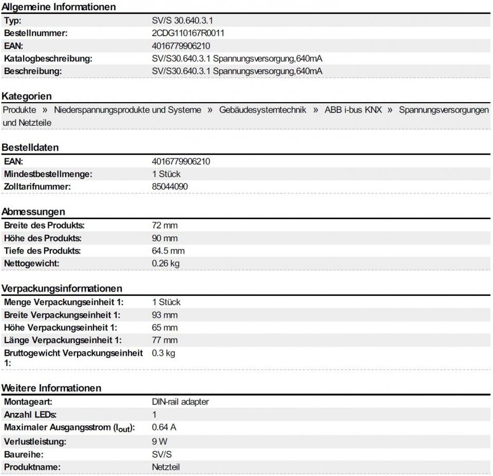 ABB SV/S DIN-Schienen Netzteil, 100 → 240V ac, 30V / 640mA