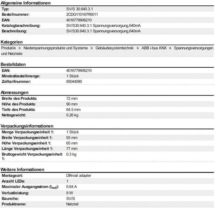 ABB SV/S DIN-Schienen Netzteil, 100 → 240V ac, 30V / 640mA