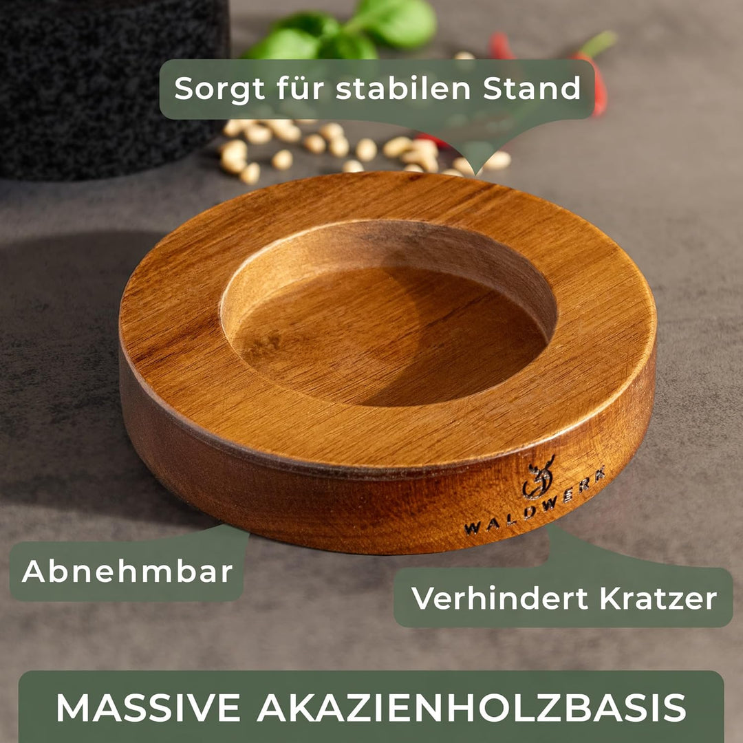 WALDWERK Mörser mit Stössel (12cm Durchmesser) - Mörser auf edler und stabiler Akazienholzbasis - Mö