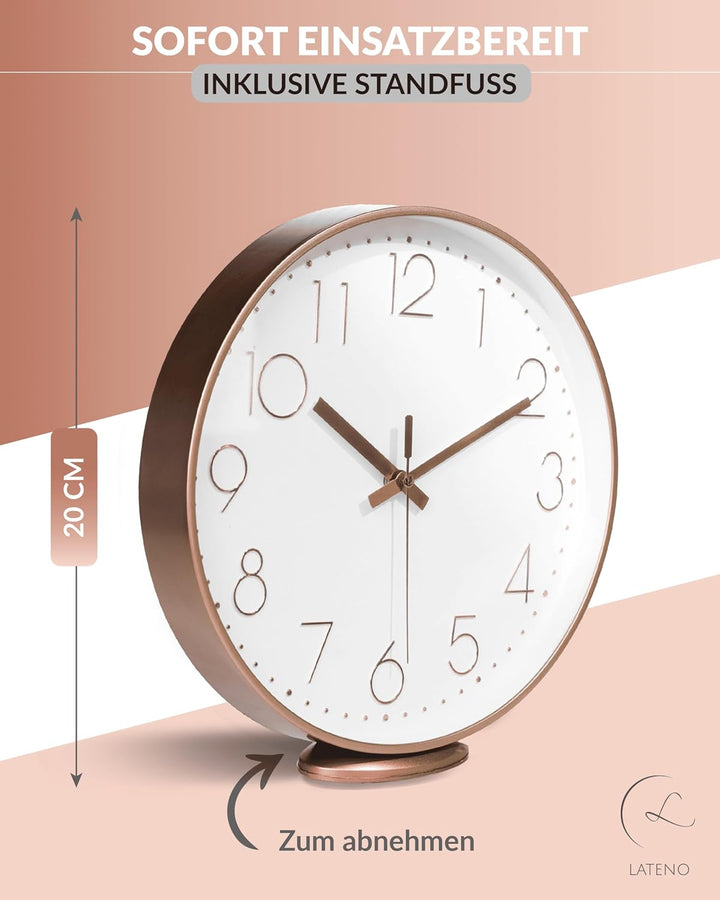 LATENO - Wanduhr zum aufstellen oder aufhängen - Rosegold weiss 20 cm - lautlos - klassisch und mode