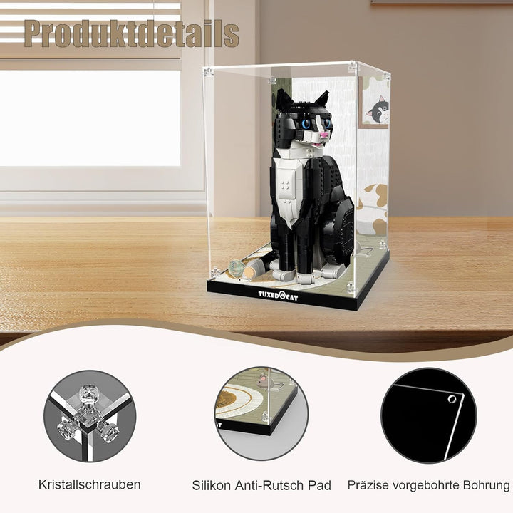 cooldac Acryl-Vitrine kompatibel mit Lego 21349 - Schwarz-weisse Katze, Staubdichte mit HD-animierte