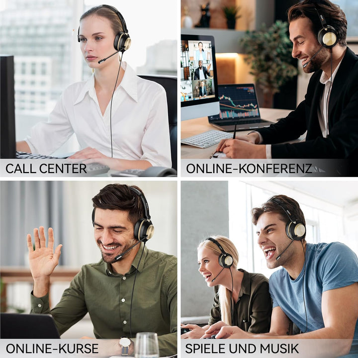 Wantek 882F Headsets mit Mikrofon Noise Cancelling und USB A 3,5mm Stecker Typ C Adapter für Call Ce