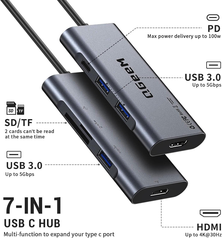 QGeeM USB C Hub, USB C auf HDMI Adapter, 4K 7 in 1 USB C Dongle mit 100W Stromversorgung, 3 USB 3.0
