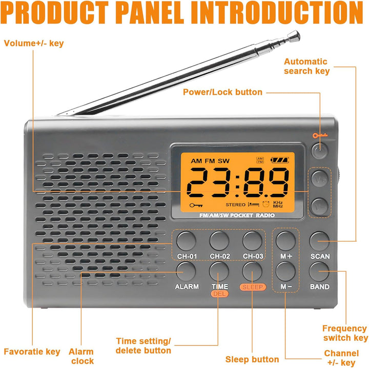 Tragbares Radio, AM,FM,SW Kofferradio mit LCD-Display, Batteriebetrieb, Eingebautem Lautsprecher Ala
