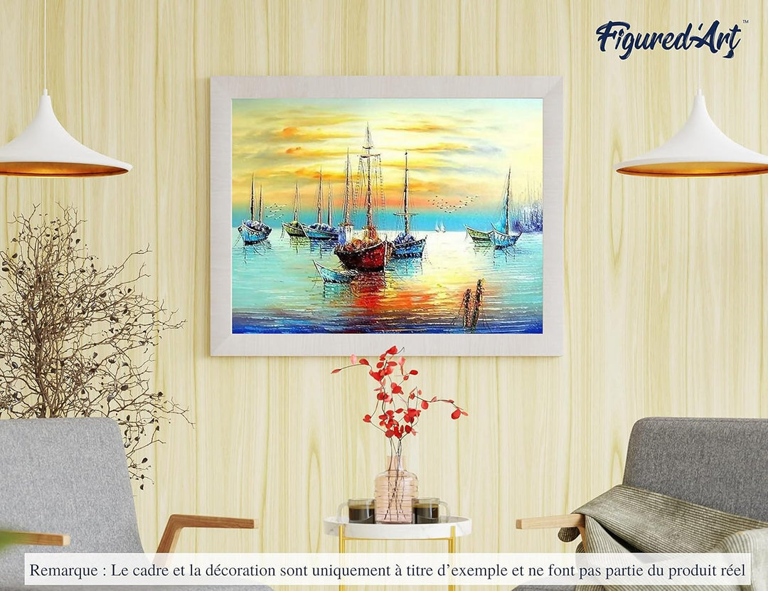 Figured'Art Malen Nach Zahlen Erwachsene Mit Rahmen Segelboote an der Küste - Paint by Numbers Baste
