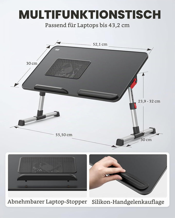 Kühltisch, Schreibtisch mit USB Anschluss, SAIJI Betttisch, Lapdesk mit Ventilator, Verstellbarer La