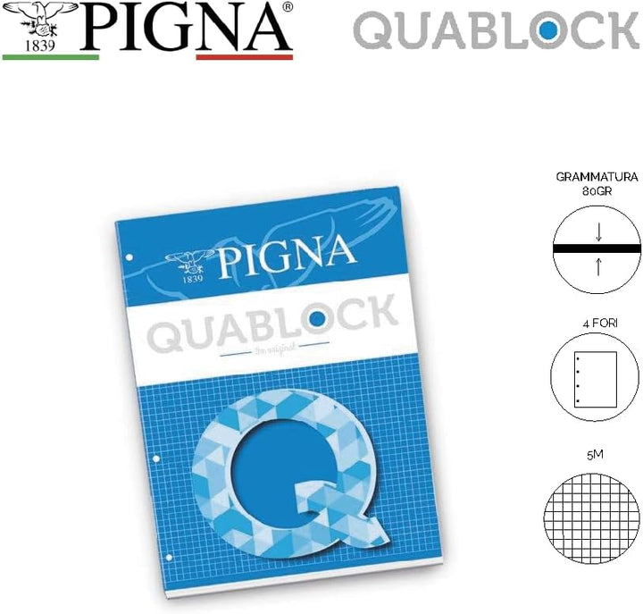 Pigna - 00609775M - Blocchi Quablock A4 5 mm collato Fg. 50 80 gr/mq copertina patinata 115gr/mq, 5-
