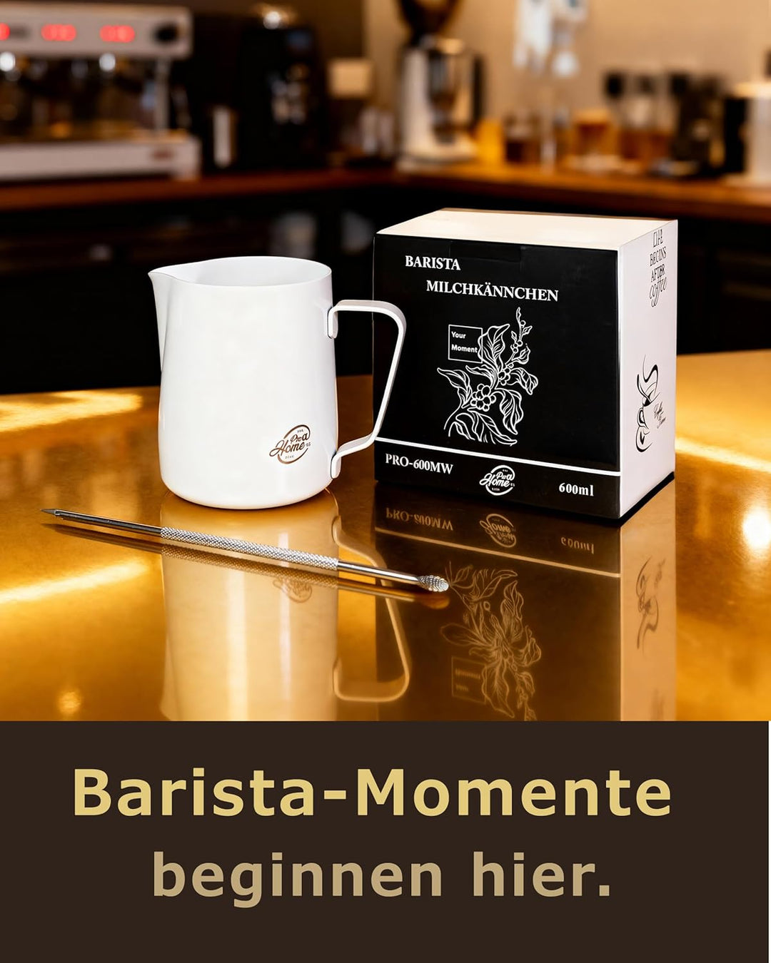 Pro@Home43 - Barista Milchkännchen Edelstahl weiss 600ml (auch 350ml) inkl. Latte Art Stift/Milchsch