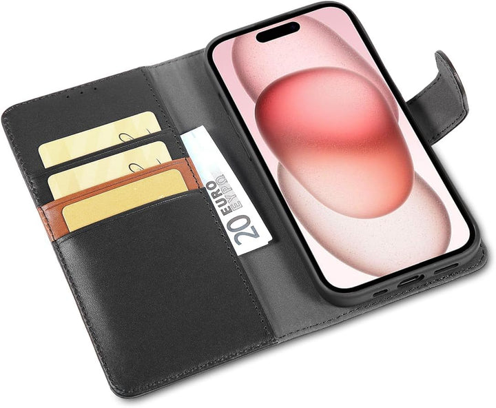 LENSUN Echtleder Hülle für iPhone 15, Handyhülle [Echtes Leder][Magnetverschluss][RFID Schutz] Handy