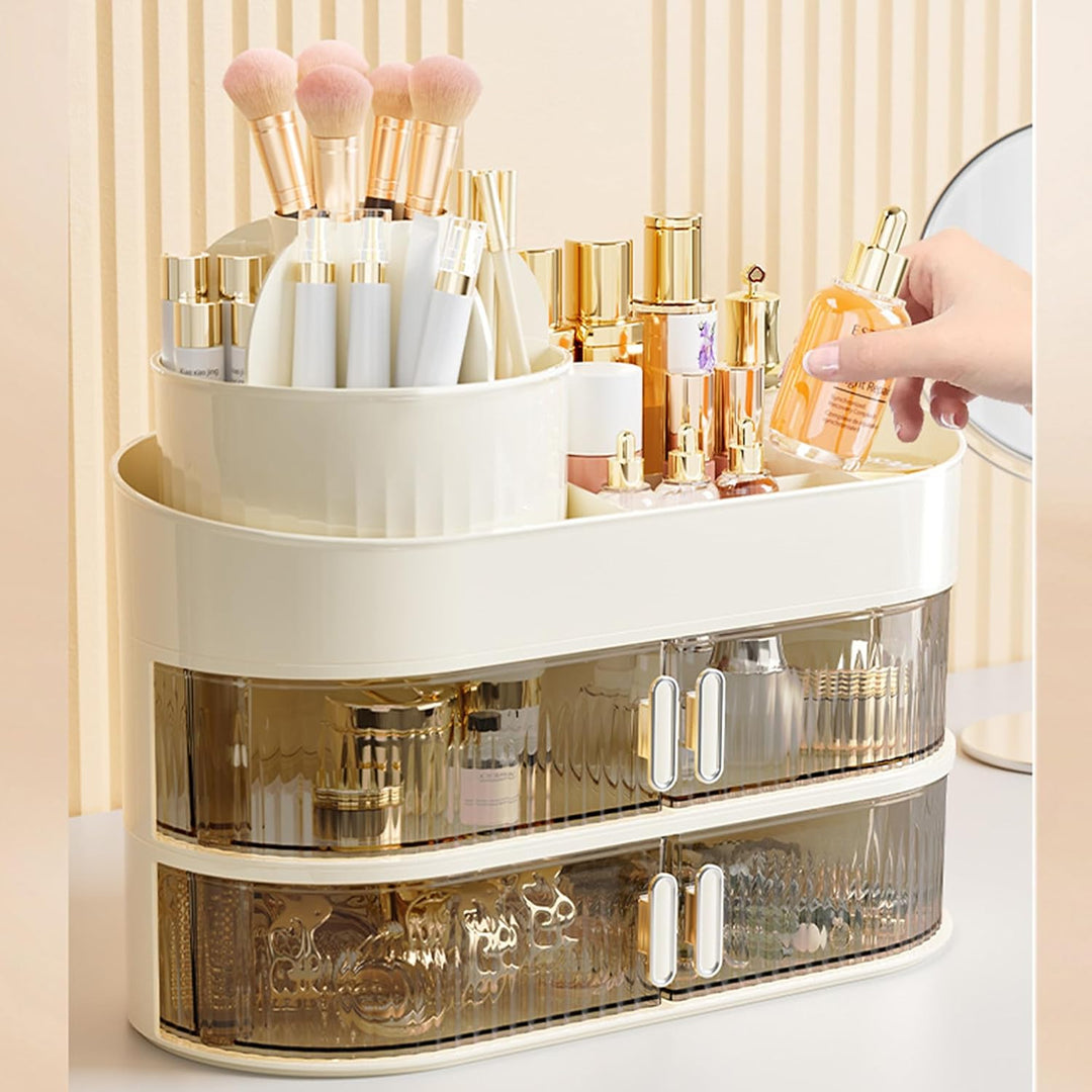 Make Up Kosmetik Organizer 360° Drehbar Mit Zwei Kleinen Schubladen für Schminktisch Schlafzimmer Ba
