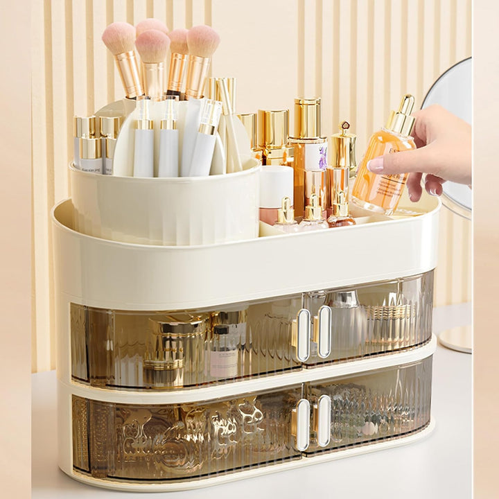 Make Up Kosmetik Organizer 360° Drehbar Mit Zwei Kleinen Schubladen für Schminktisch Schlafzimmer Ba