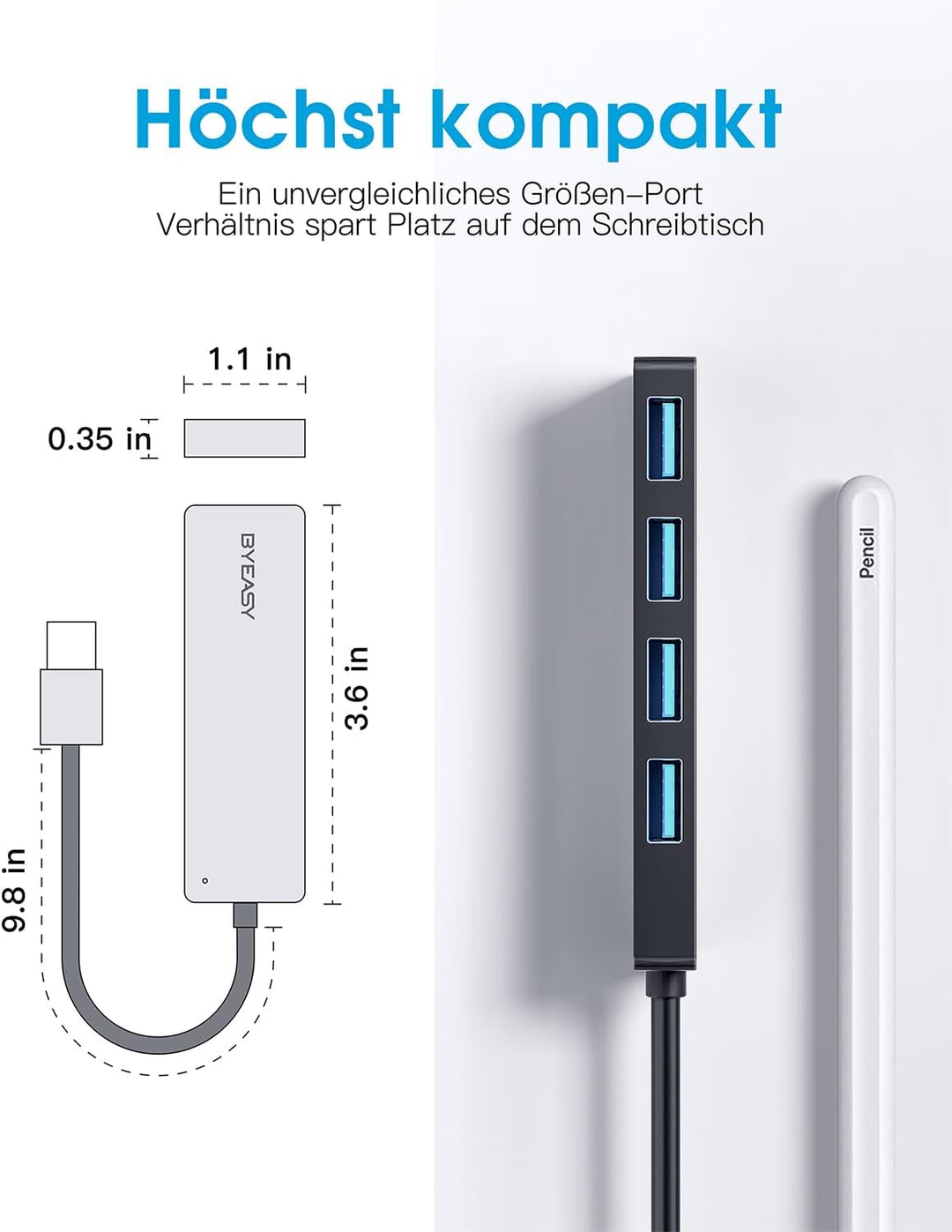BYEASY USB Hub 3.0, Ultra Slim Multiport Hub 4 Ports USB 3.0 Adapter für iMac Pro, MacBook Air, Mac