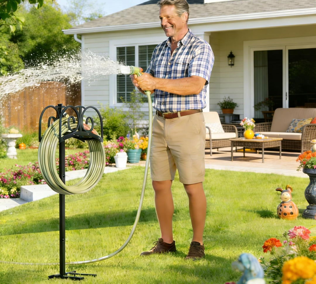 Verbesserter Gartenschlauchhalter mit 4 Spikes – Robuste Wasserschlauchtrommel aus Metall, Schlauch-