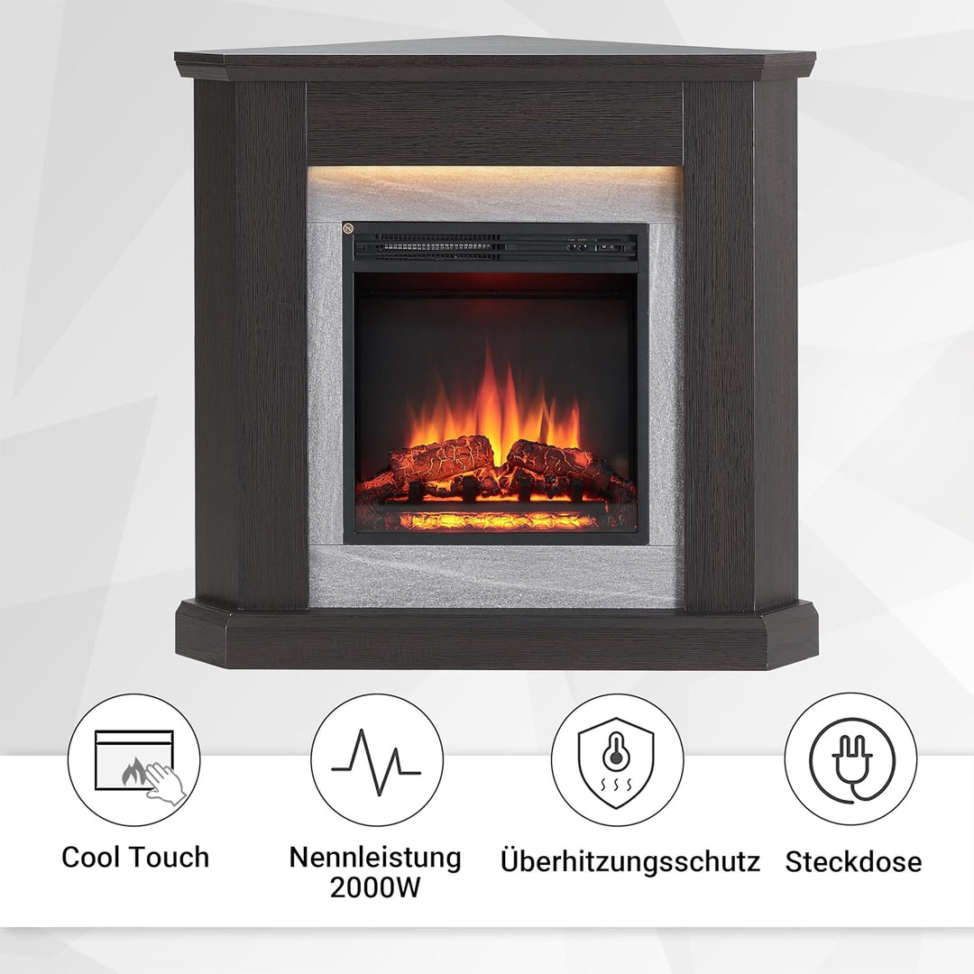 CrownFlame Pegasos Elektrokamin - Elektrischer Eckkamin mit Heizung 1000/2000 W, realistischer 3D-Fl