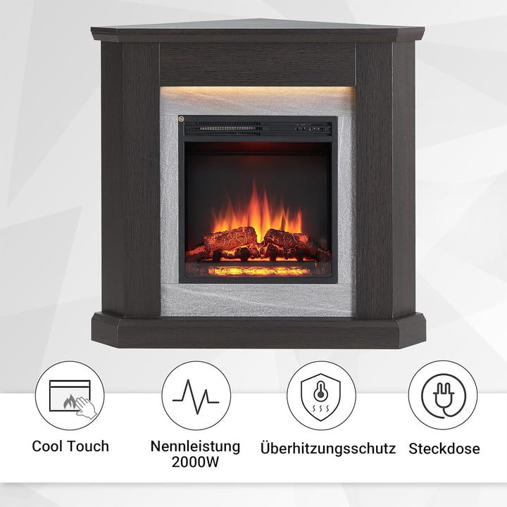 CrownFlame Pegasos Elektrokamin - Elektrischer Eckkamin mit Heizung 1000/2000 W, realistischer 3D-Fl