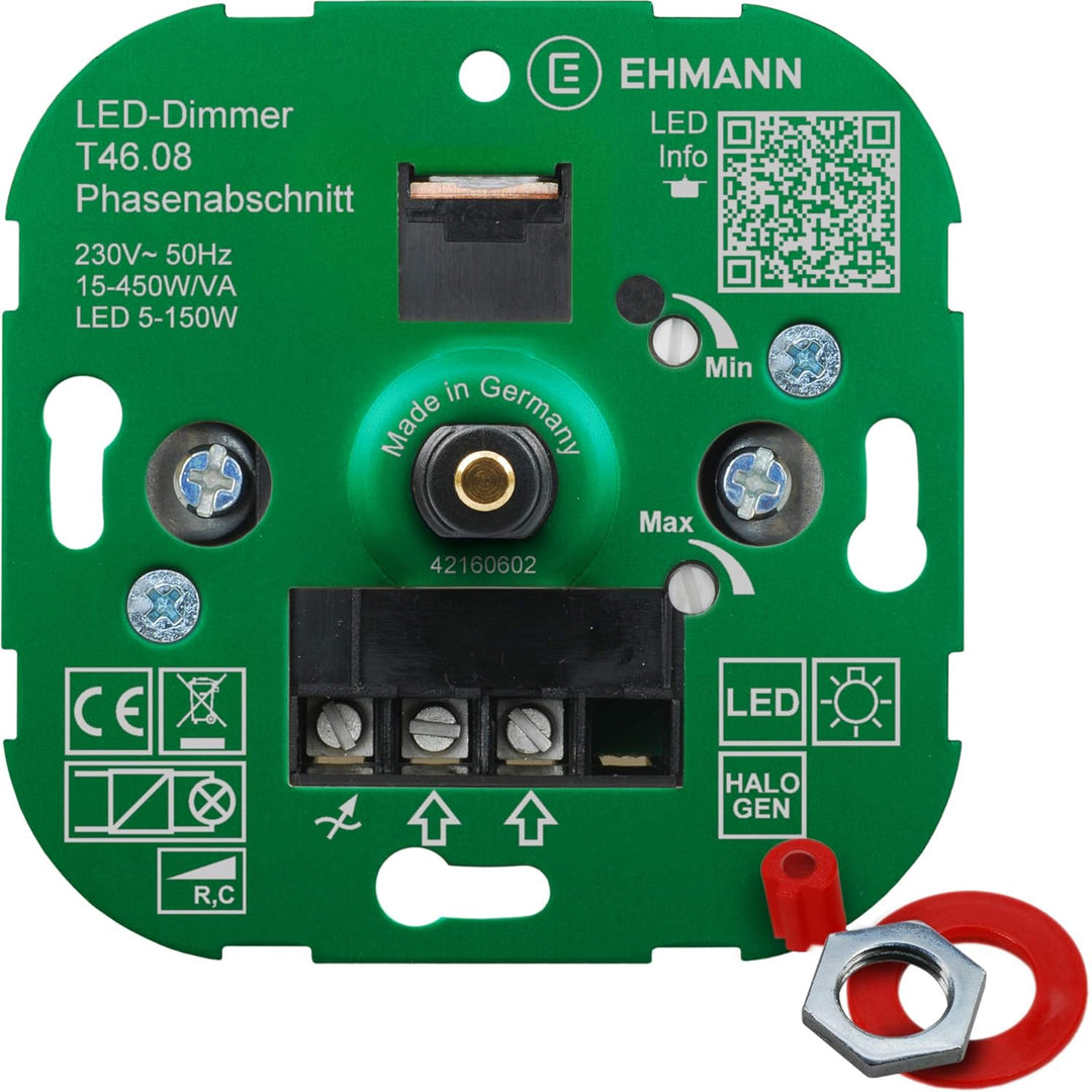 EHMANN LED Unterputz-Dimmer T46.08, Phasenabschnitt, 230 V, 50 Hz, Leistung: LED 5-150 W, 15-450 W/V