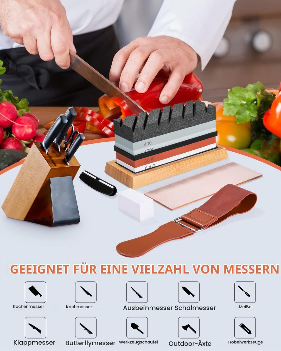 FAOKZE Abziehstein Schleifstein Set 9-in-1, Doppelseitig 400/1000 und 3000/8000 Grit Messerschärfer,