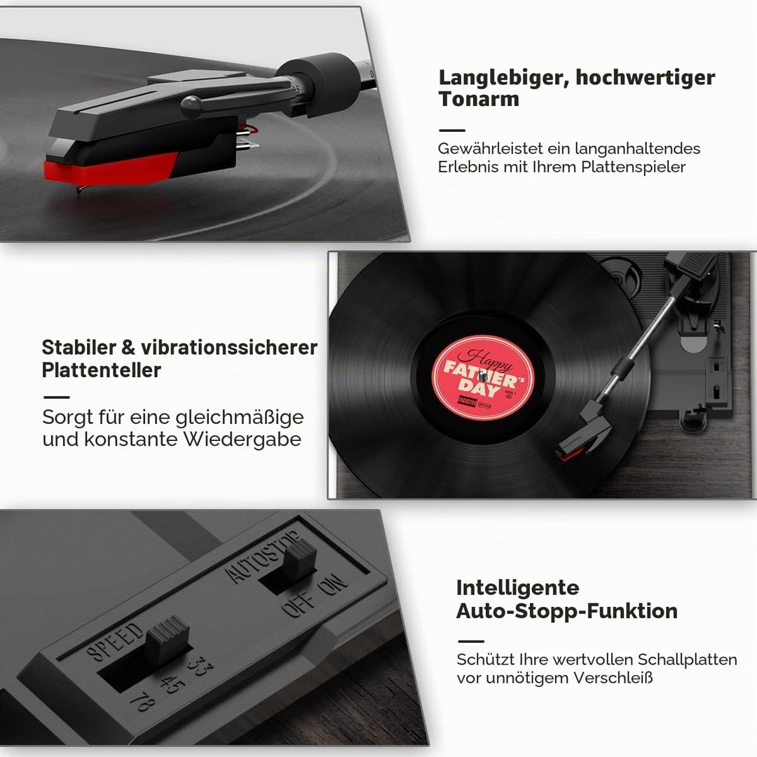 FYDEE Plattenspieler, Bluetooth 5.4 Schallplattenspieler mit Einstellbarer Auflagekraft, 2x3W Stereo