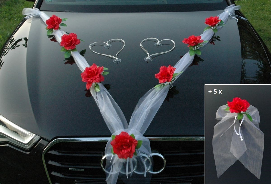 Organza M + Schleife Auto Schmuck Braut Paar Rose Deko Dekoration Autoschmuck Hochzeit Car Auto Wedd