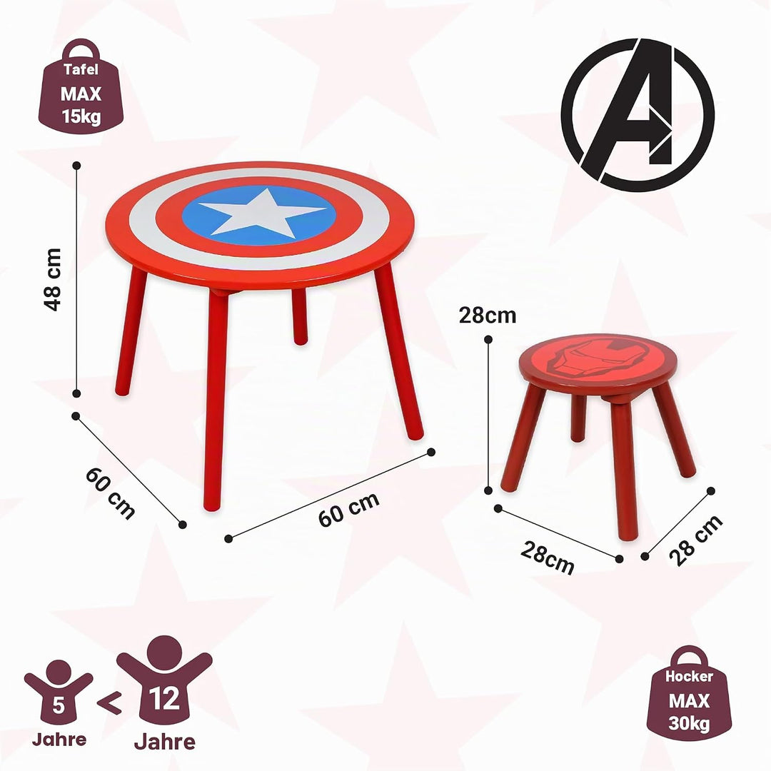 Marvel Avengers Tisch- und Hocker-Set für 4 Personen, hält bis zu 30 kg pro Hocker, perfekt zum Spie