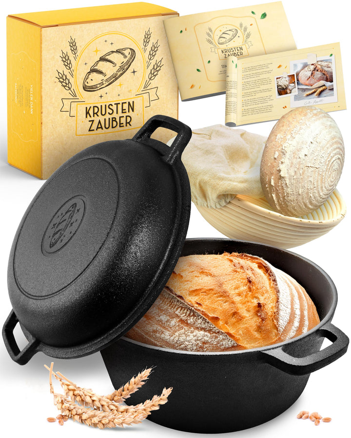 KRUSTENZAUBER Gusseisen Topf Brot Backen [inkl. Gärkorb] - Robuster 26cm gusseiserner Brottopf zum b