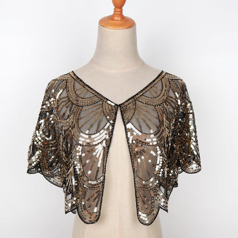 keland Damen Festlich Pailletten Umhang Schal Schultertuch Stola Tuch für Abendkleid Z-schwarz & Gol