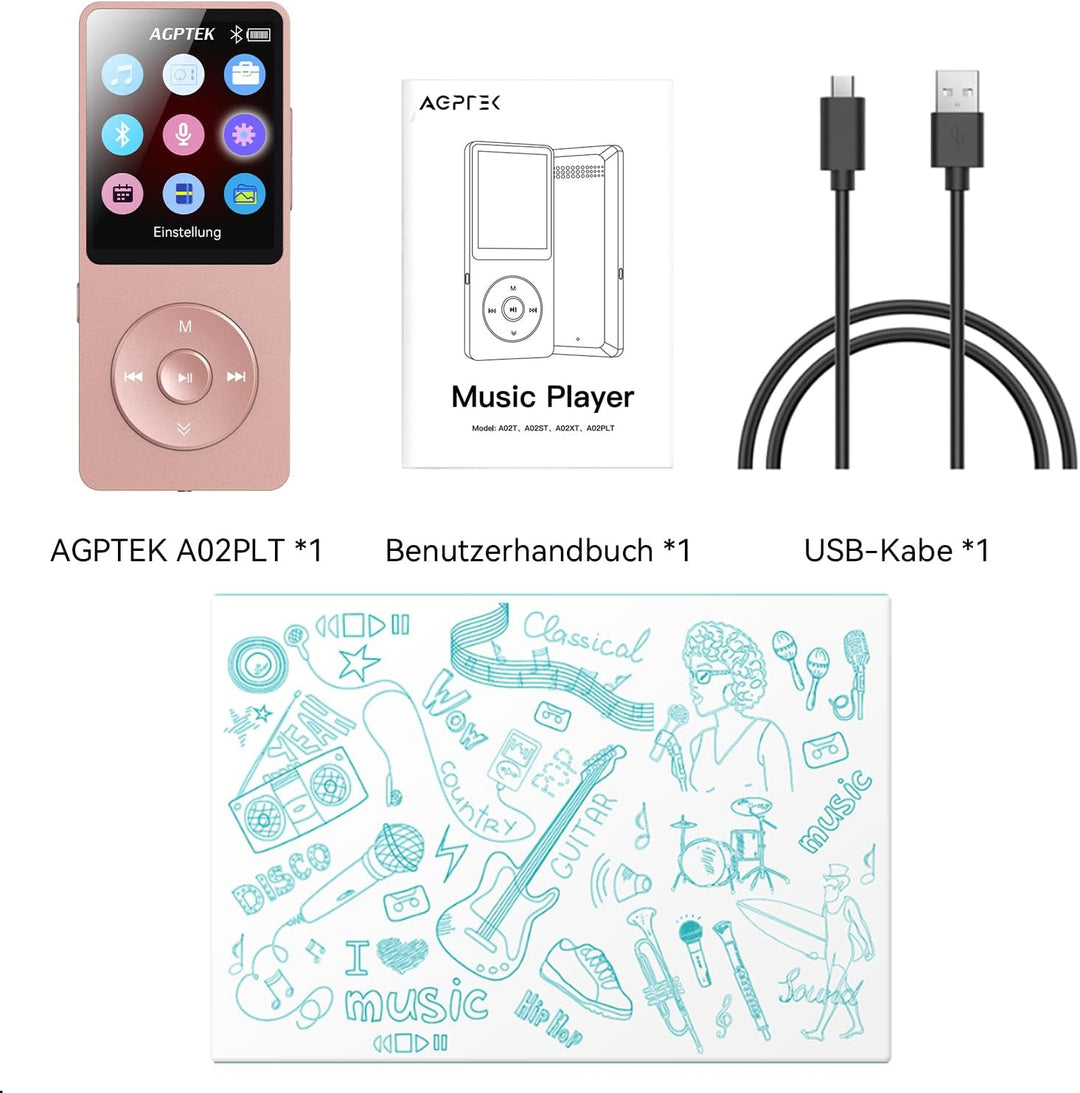 AGPTEK 64GB MP3 Player Bluetooth 5.3 mit Lautsprecher, 40 Stunden Akkulaufzeit Kleiner und klassisch
