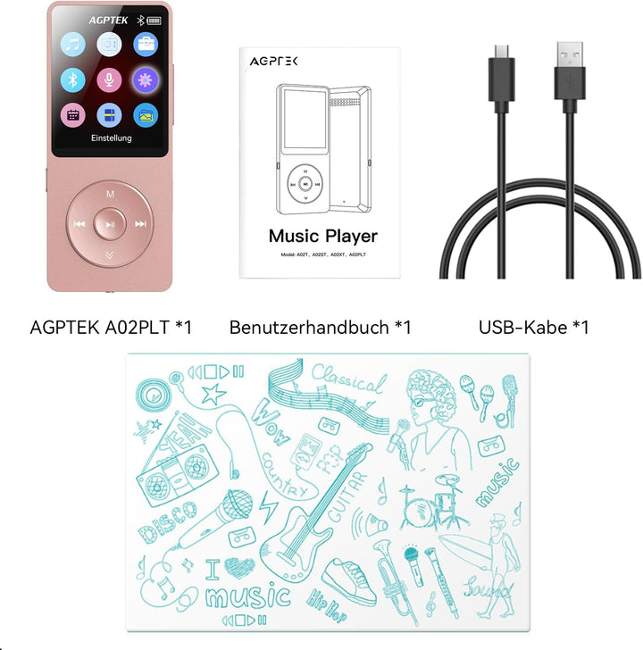 AGPTEK 64GB MP3 Player Bluetooth 5.3 mit Lautsprecher, 40 Stunden Akkulaufzeit Kleiner und klassisch