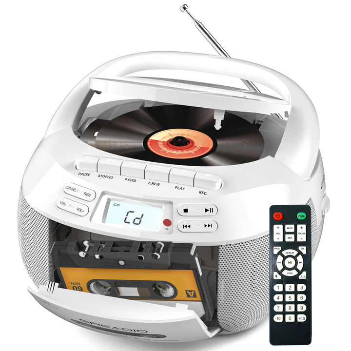 Greadio Boombox CD Player Tragbar, Kassettenspieler mit Bluetooth, FM Radio mit Fernbedienung, AUX-/