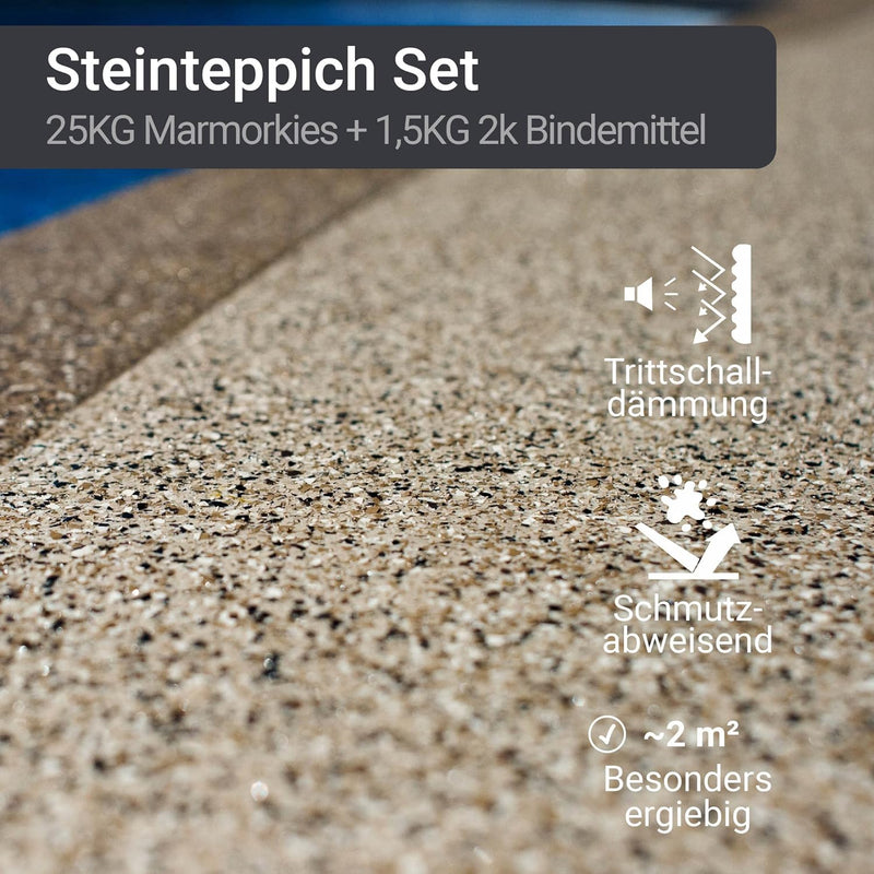 25Kg Steinteppich Set Marmorkies Bodenbeschichtung Bianco Carrara Weiss 4-8mm - 2qm Korngrösse 4-8mm