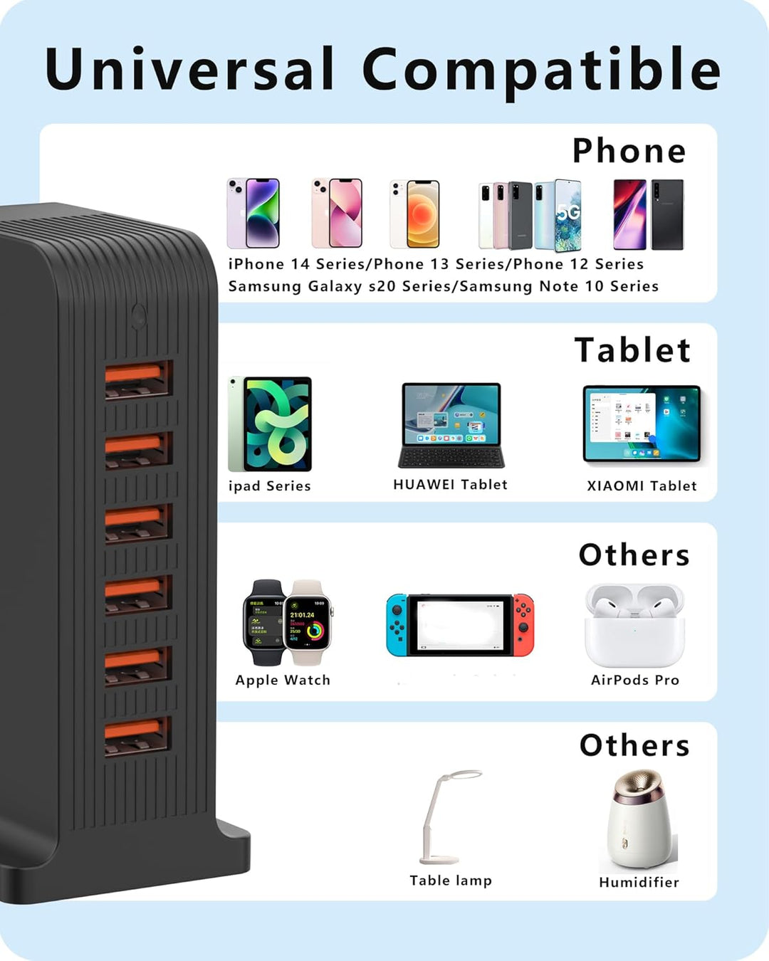 POANES 6 Port USB Ladestation 50W USB Ladegerät Mehrfach USB-C Handy Netzteil Mehrfachstecker Chargi