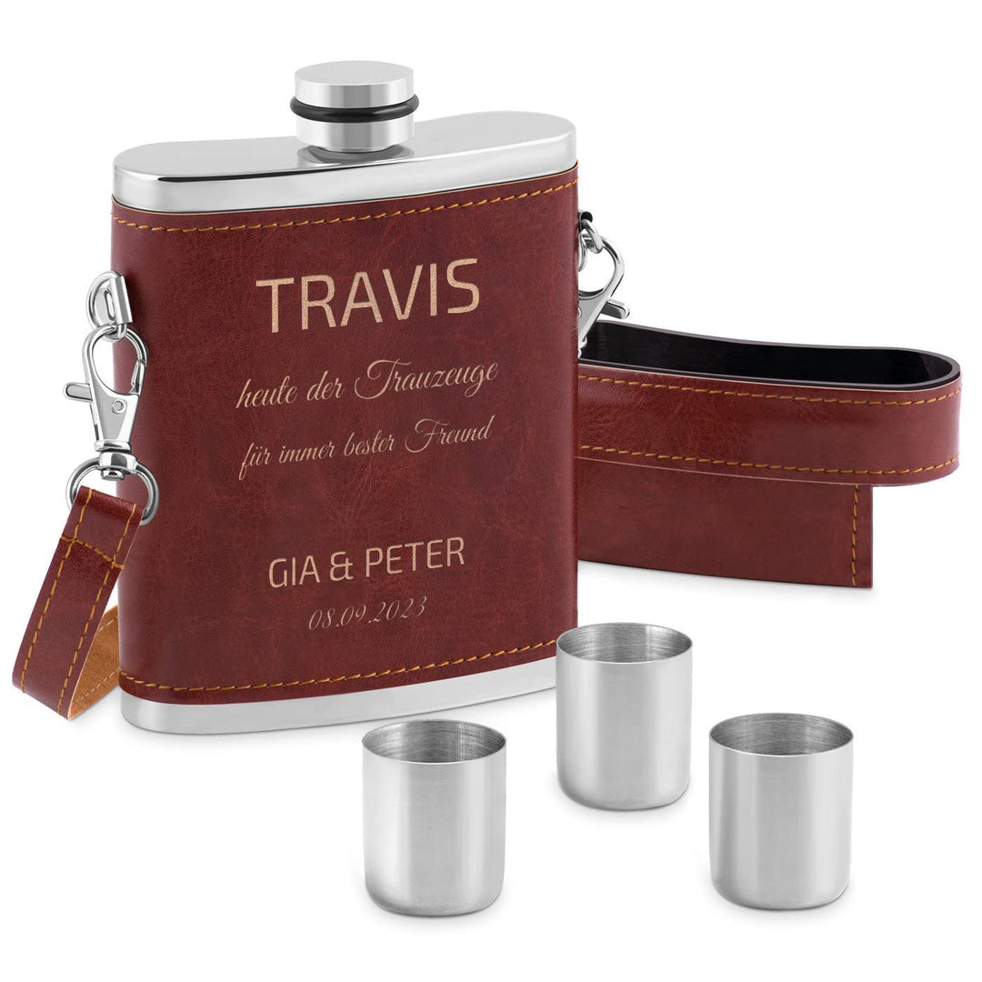 Maverton Flachmann mit Gravur - personalisiert - 250 ml - aus Edelstahl - 3x10 ml Pinnchen - Lederet