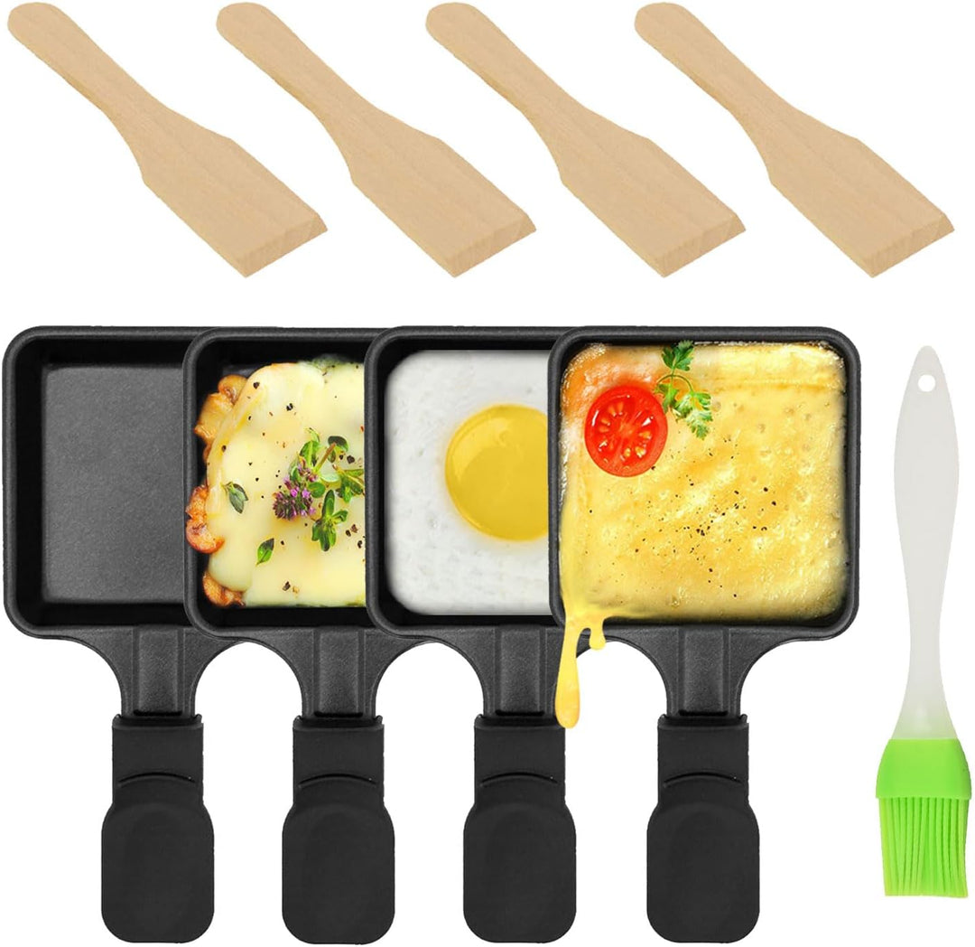 Pfännchen Mini 4 Stücke Antihaftbeschichtet Grill Pfännchen Viereckig Mini Raclette Grill mit 4 Holz