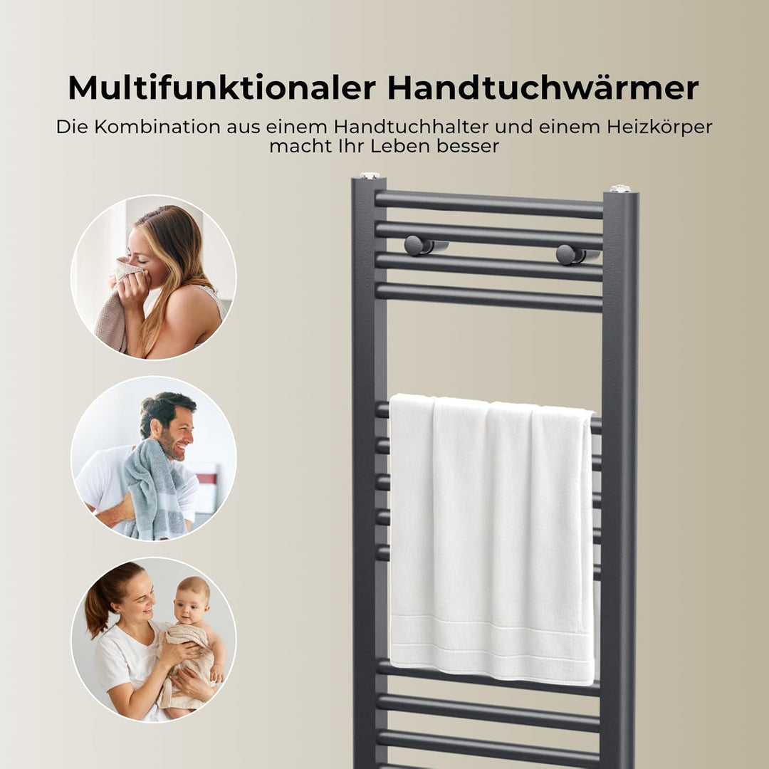 Heilmetz Badheizkörper Elektrisch mit Heizstab 600W Leistung 1400 x 600 mm Anthrazit Gerade Bad Heiz